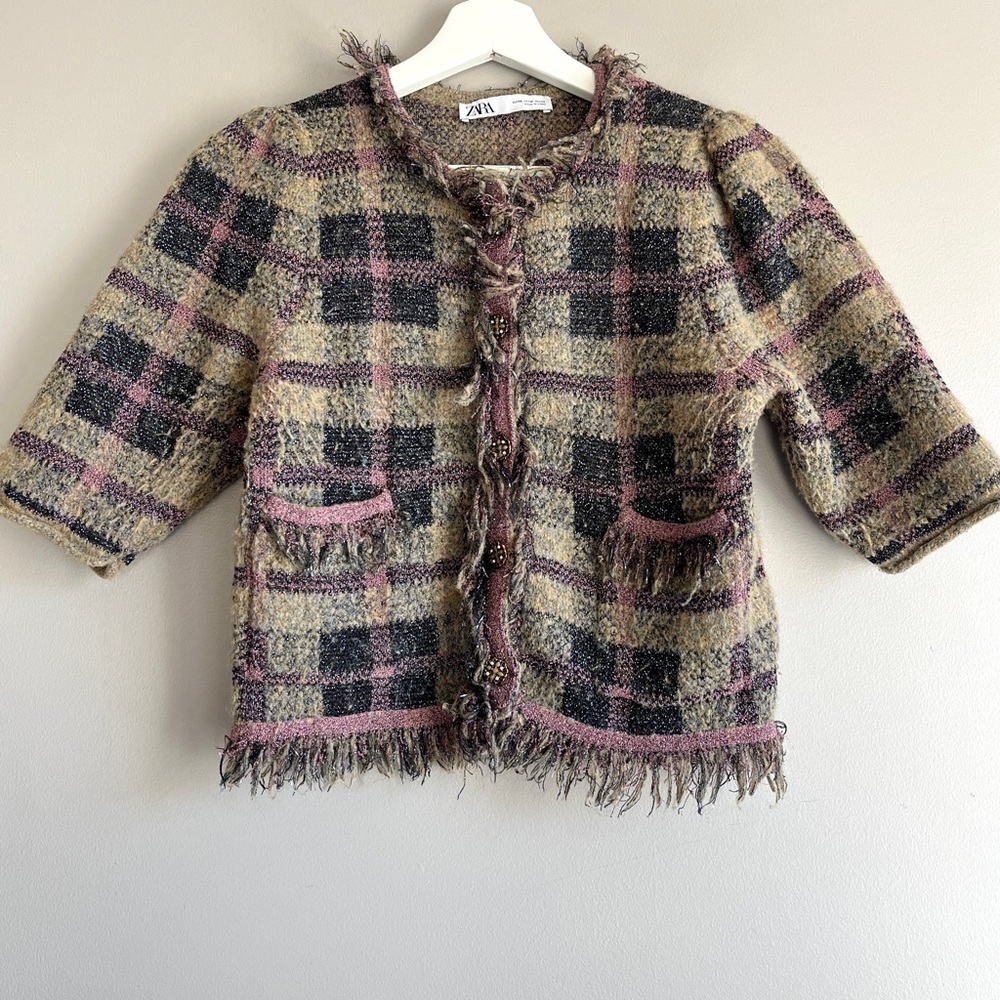 Zara plaid tweed knit cardigan top sweater fringe medium top jewel button check